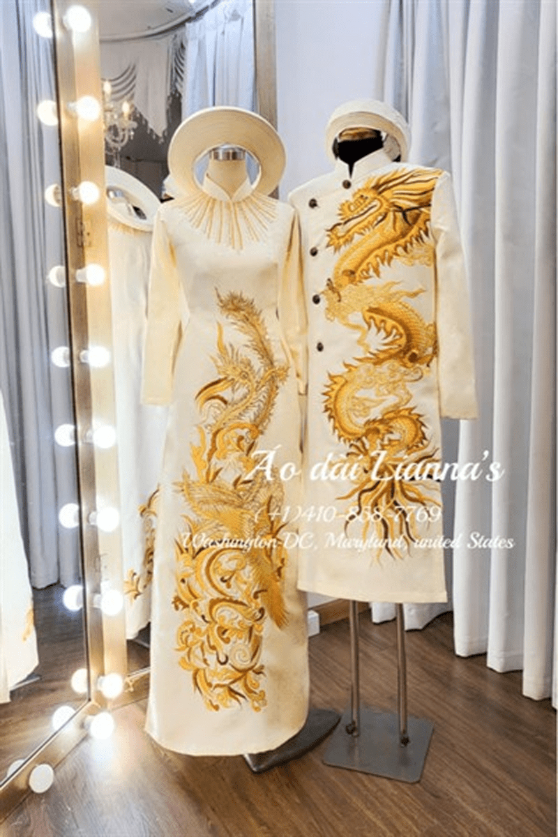 Set áo dài cưới thiết kế cao cấp họa tiết rồng phượng