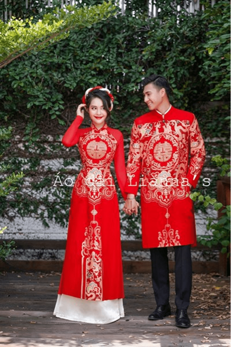 Set áo dài cưới thiết kế màu đỏ thêu chữ hỷ