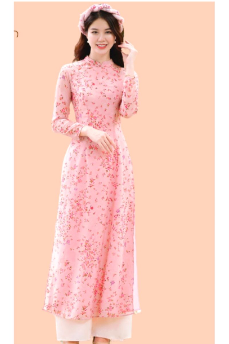 Áo dài hoa nhí màu hồng