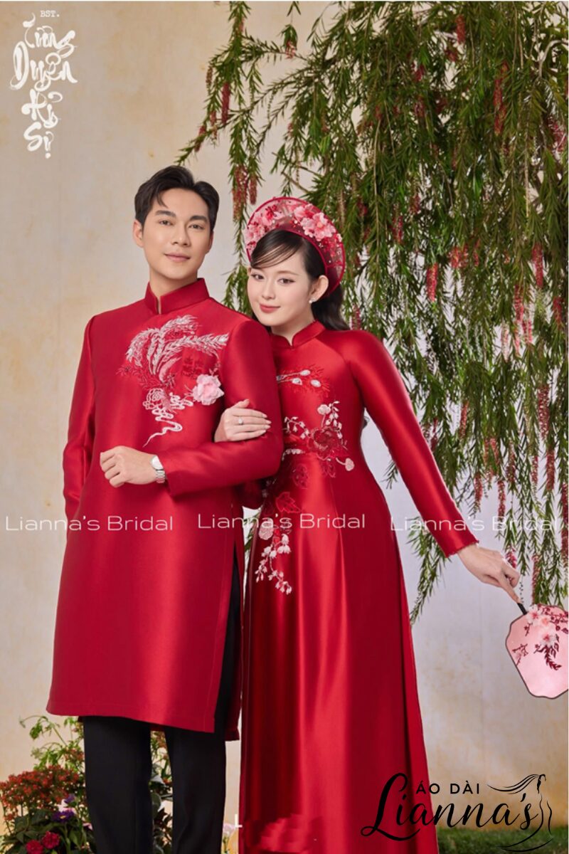  áo dài cưới đỏ thêu hoa
