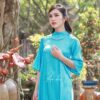 Áo dài form suông gấm tơ xanh dương