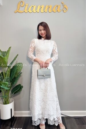 áo dài ren hoa Hồng trắng quan ren