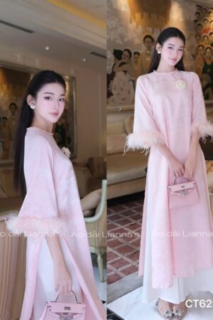 Áo dài suong Hồng tay long vũ kết cờm cổ va tay
