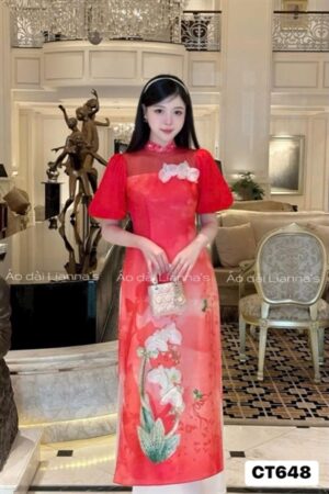 áo dài cách tan đỏ tay phồng