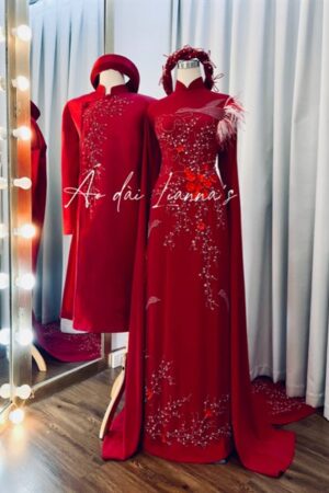 Cặp áo dài cưới thiế kế đỏ burgundy