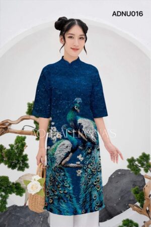 Áo dài nữ xanh cặp chim công _gấm cặp