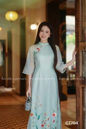 Áo dài cách Tân tơ thêu xanh Ngọc