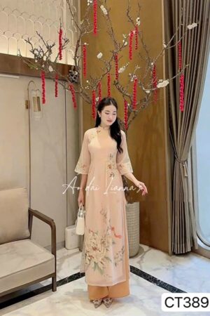 Áo dài CT hoa kết nổi màu cam paste quần cam