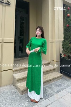 Áo dài suong gấm hoa cúc xanh lá