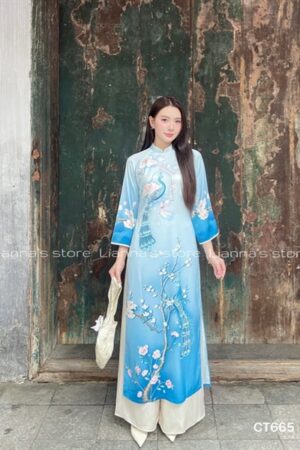 Áo dài cách tan hoàn tiet in xanh dương