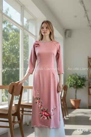 Áo dài cách Tân theu Hồng ruốc