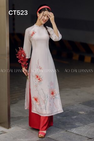 Áo dài cách tân Hồng hoa thêu quan đỏ