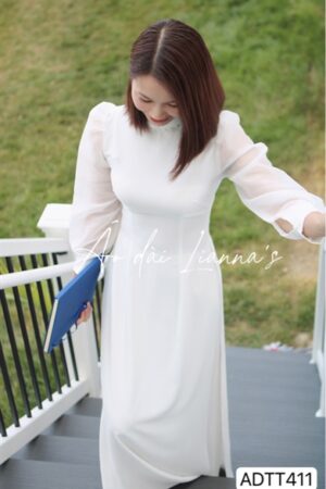 Áo dài trắng tay voan tơ bồng