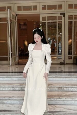 Áo dài thiết kế cổ vuông tay bồng trắng