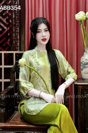 Set bà ba lụa nha xá xanh cốm cổ viền ngọc