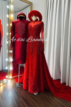Set áo dài cưới màu burgundy