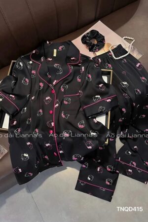 Set lụa 3 món hello kitty đen viền Hồng