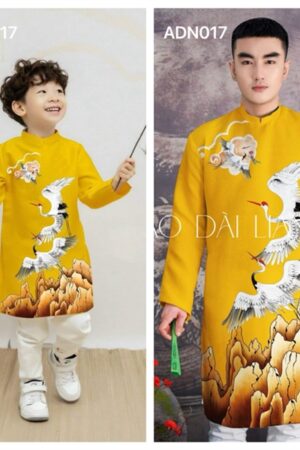 Áo dài bé trai vàng chim núi _gấm