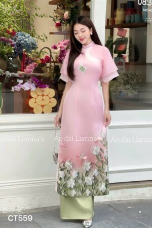 Áo dài cách tan hong tay cánh tiên