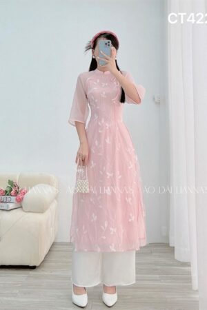 Áo dai CT ngọc trai theu hoa màu Hồng