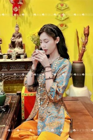 ABB cao cấp hoa nhí gold nền xanh quần cam