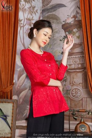 Áo bà ba tơ đỏ hoa nổi