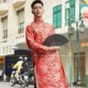 Áo dài nam đỏ họa tiết