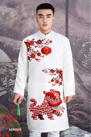 Áo dài nam gam trắng hoa tiet lân va hoa