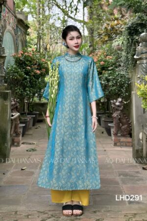 Áo dài tơ tằm cao cấp lá xanh dương