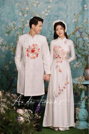 Set áo dài cưới truyền thống trắng song ngư