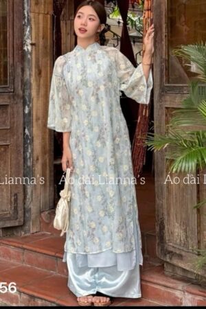 Áo dài cách tan hoa nhí xanh