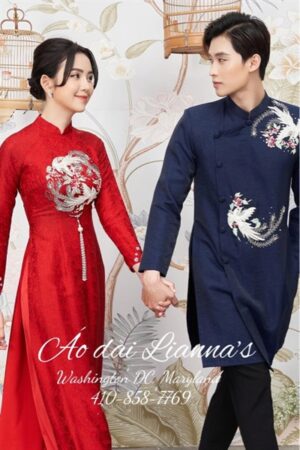 Set áo dài cưới nữ đỏ 1 nam xanh