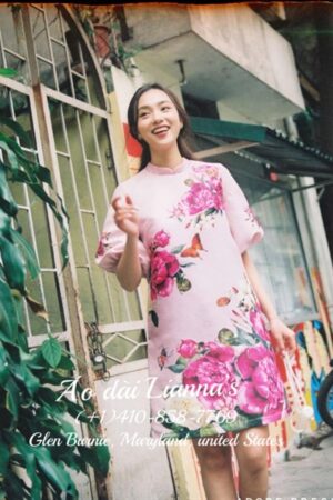 Váy tết hồng in bướm