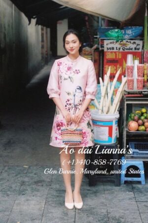 Váy tết hồng nhạt- hoạ tiế chim