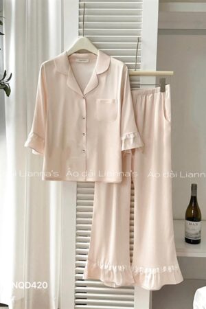 set lua cao cấp tay ngắn quần dài tay bèo tong Hồng
