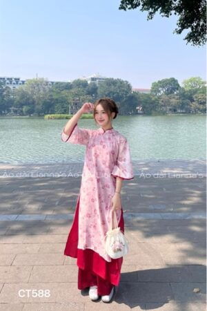 Áo dài cách tan hoa mau Hồng viền đỏ kiotviet 073c3376914ec331c86752c0f7aec9b0