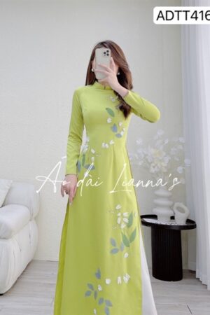 Áo dài truyen thống thêu kết hoa xanh cốm