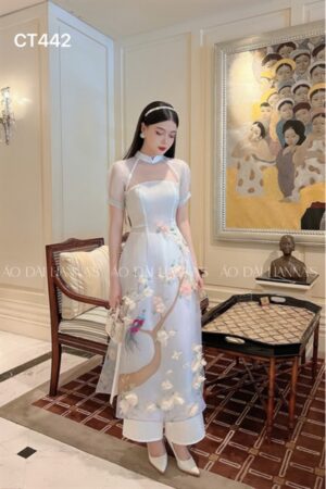 AD cach tan xanh nhạt kết hoa-chim _cổ lưới ngắn tay