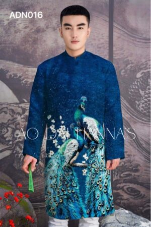 Áo dài nam xanh cặp chim công _gấm