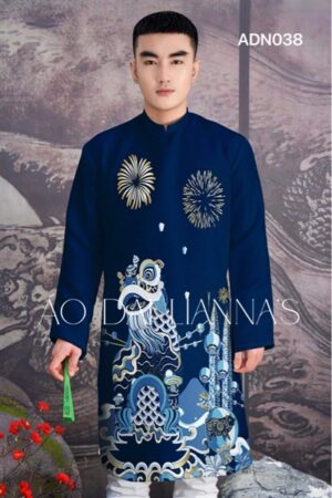Áo dai nam xanh đậm pháo hoa & lân_ gấm