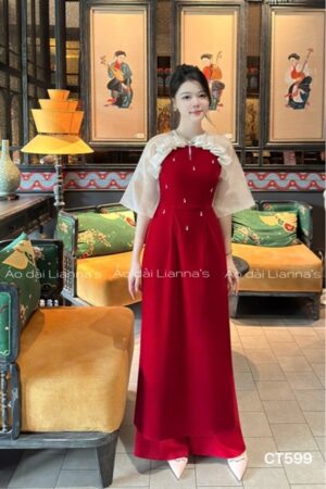 Áo dài Nhung đỏ kết pearl cổ nơ xếp bèo
