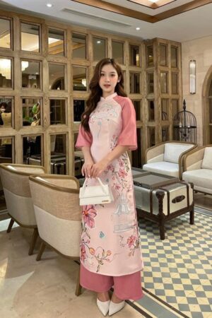 Tacpa hồng hoạ tiết tay voanh