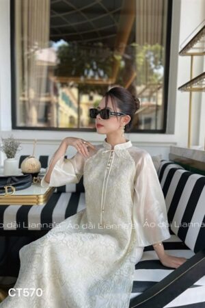 Áo dài cách tan hoa Hồng màu kem tay voan thắt nơ kiotviet 17e07014c242aaf2fb4963cdd488868c