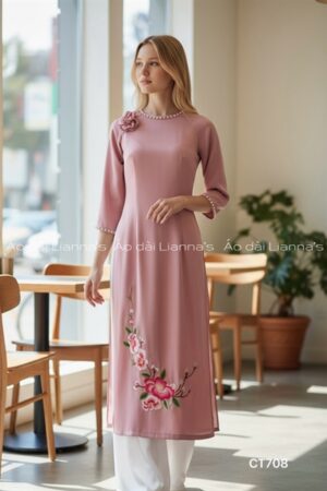 Áo dài cách Tân theu Hồng ruốc kiotviet 24de6790896717d1850d1097977fcab7