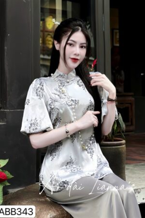 Set đi lễ xám cổ tàu hoa lá