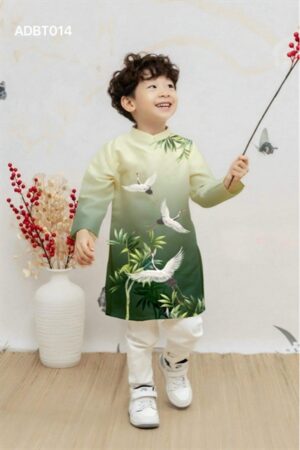 Áo dài bé trai/be gái hạc trúc xanh lá _ gấm