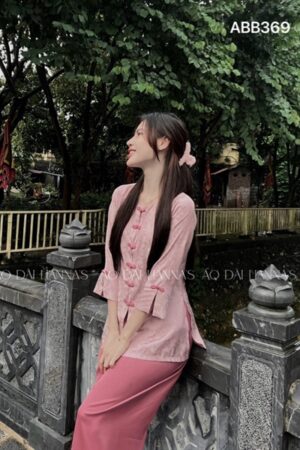Set bà ba cao cấp lụa tô châu màu hồng nút gài tay loe