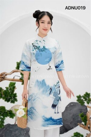 Áo dài nữ xanh phong cảnh _gấm cặp _nữ