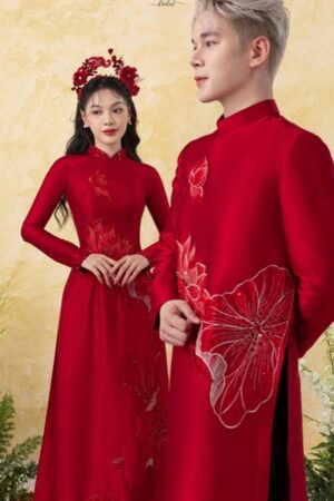 Cặp áo dai cưới hoa sen đỏ