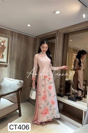 ADCT hoa in chan tà áo hồng viền cổ hồng